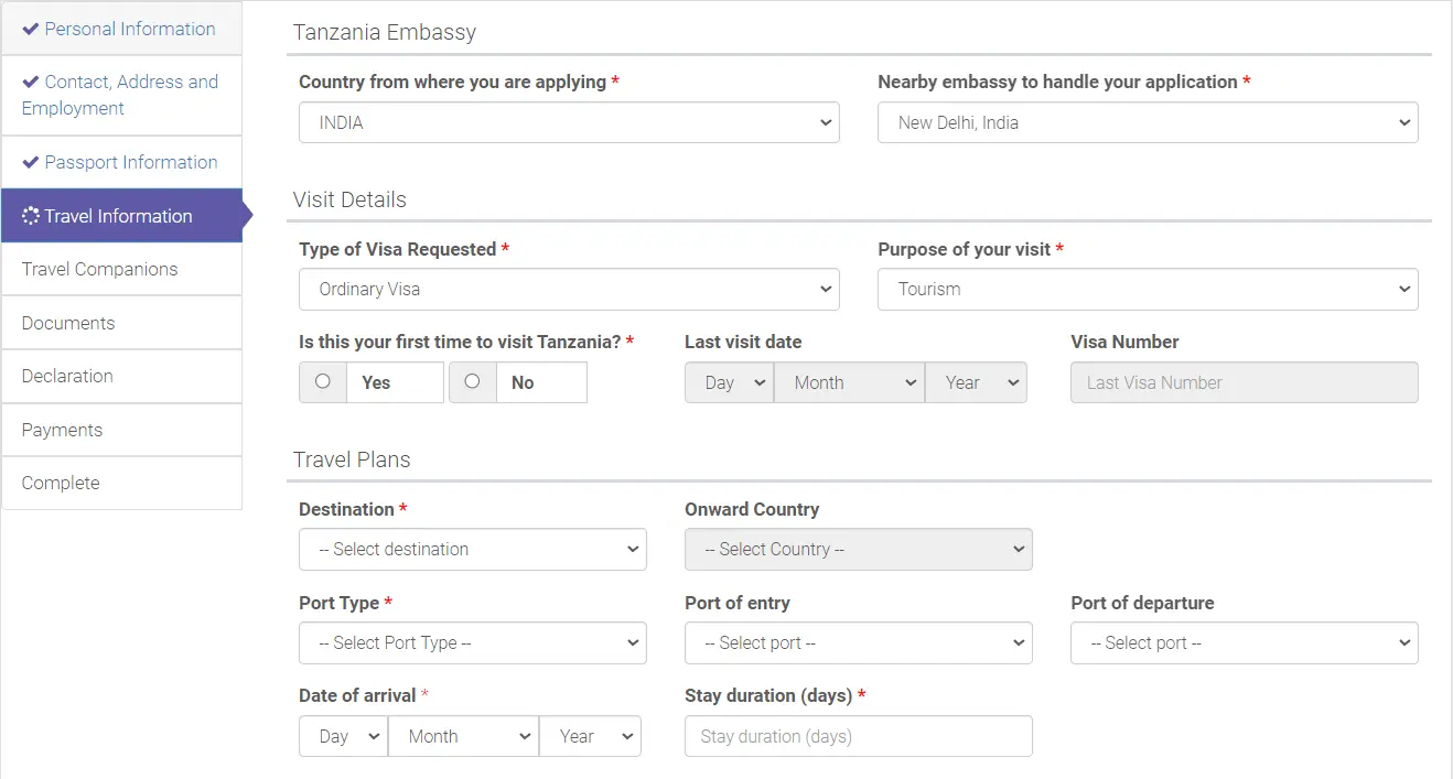 Travel information section for Tanzania e-visa