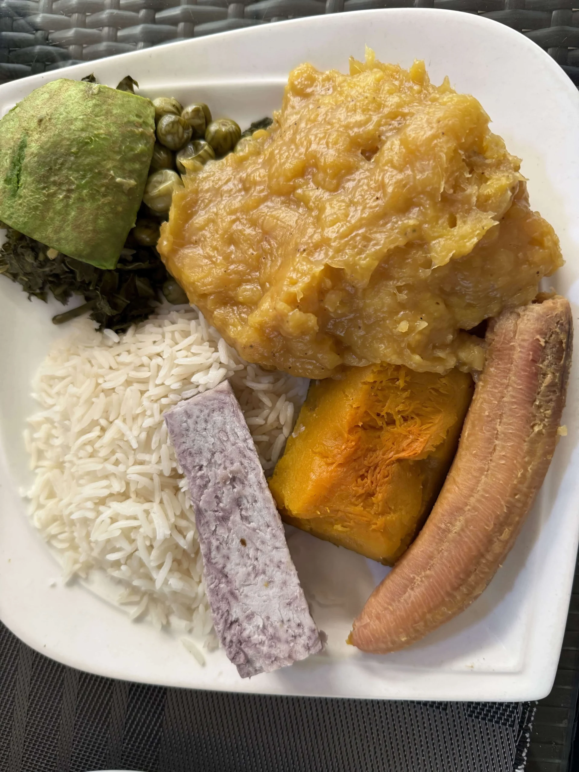 Matoke with rice, pumpkin, yam and veggies